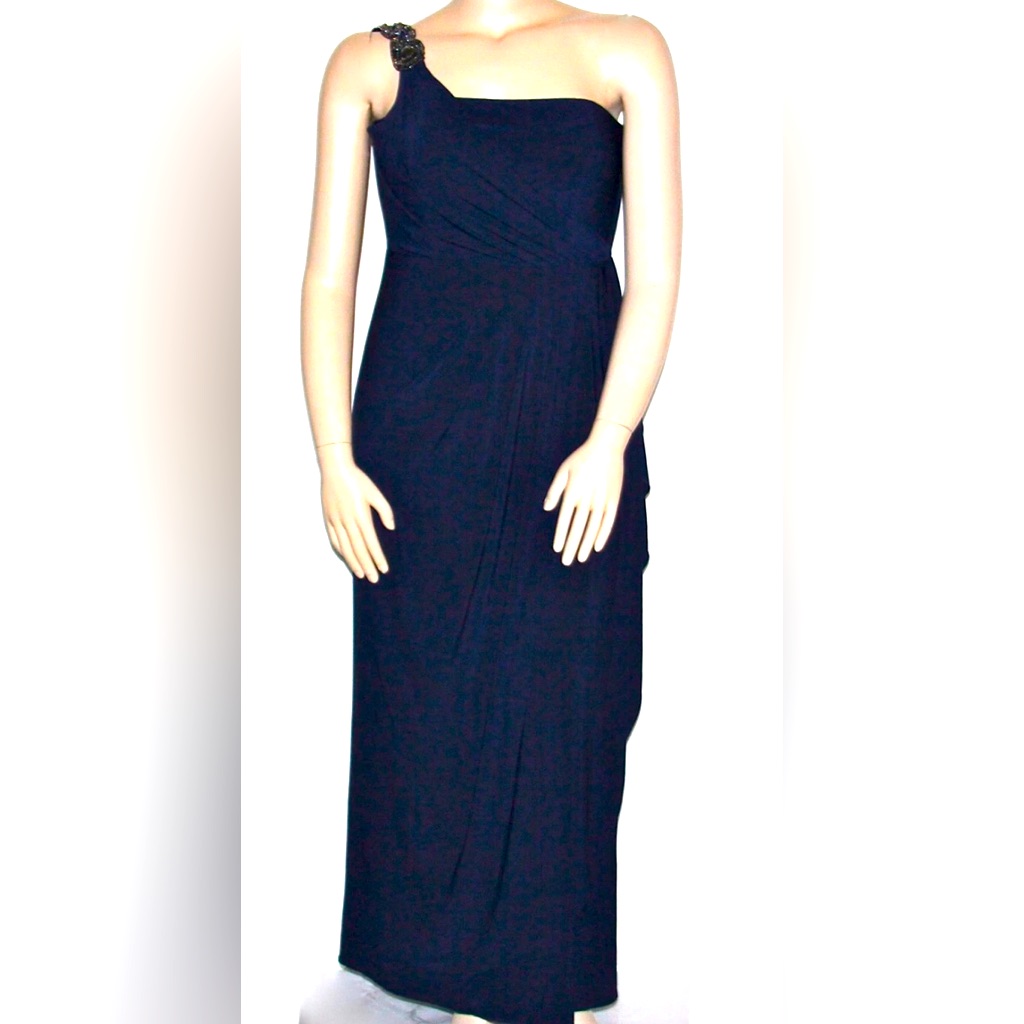 R & M Richards Size 16 Navy Empire Waist One Beaded Shoulder Jersey Gown Dress